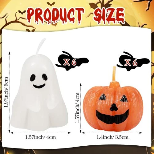 Zoom sur Bougies Halloween Citrouille, Fantôme, Sorcière, Chat Noir