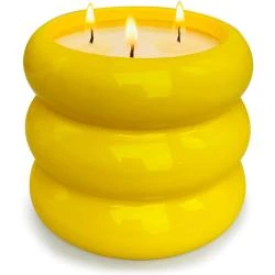 Bougie extérieure 3 mèches citronnelle, céramique jaune