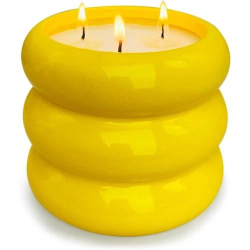 Bougie extérieure 3 mèches citronnelle, céramique jaune - Vue principale