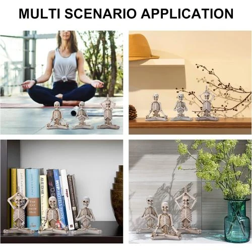 Zoom sur Statues crâne yoga, sculptures résine squelette, décor blanc
