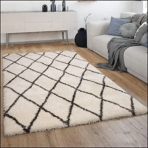 Détail de Tapis Shaggy Moderne Motif Diamant pour Salon - Style Scandinave
