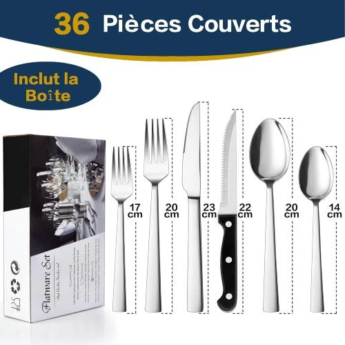 Détail de Couverts en Acier Inoxydable Argenté, Lot 36 Pièces