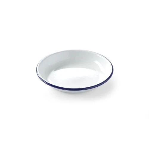 Assiette acier émaillé blanc, bord bleu, plat rond - Vue principale