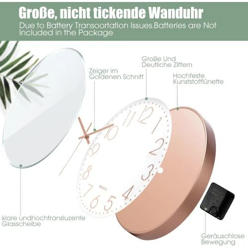 Zoom sur Horloge murale silencieuse 30 cm, moderne, or rose