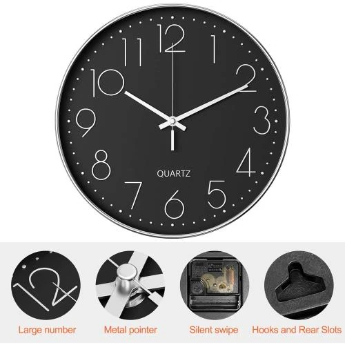 Détail de Horloge Murale Silencieuse Uootach, Design Minimaliste Noir