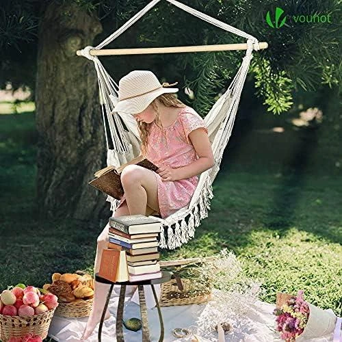 Zoom sur Chaise Suspendue Coton Doux, 2 Coussins, Hamac Portable Beige,