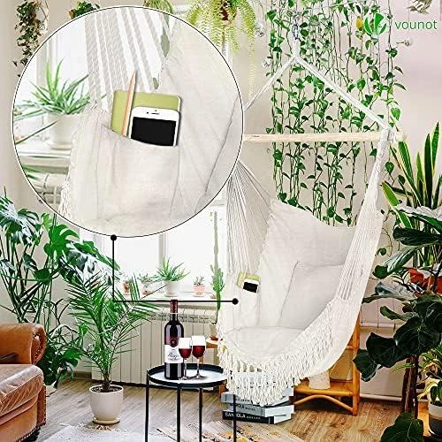 Détail de Chaise Suspendue Coton Doux, 2 Coussins, Hamac Portable Beige,