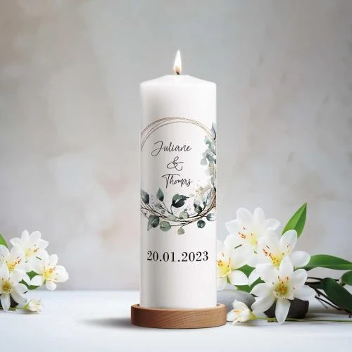Détail de Bougie personnalisable GRAVURZEILE, cercle floral, mariage
