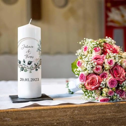 Zoom sur Bougie personnalisable GRAVURZEILE, cercle floral, mariage