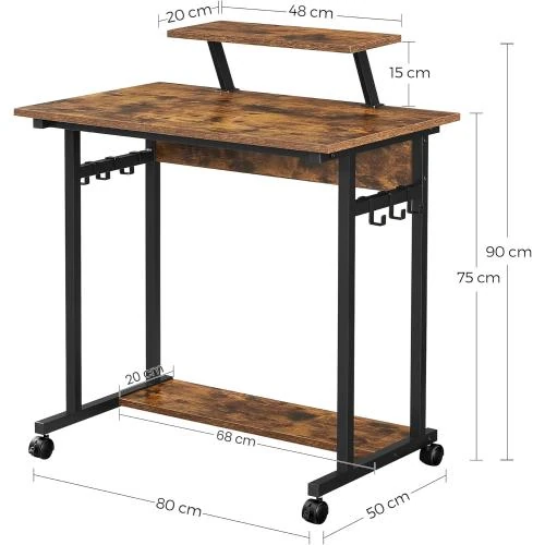 Zoom sur Bureau Informatique VASAGLE, Table à Roulettes, Support Écran, Style Industriel