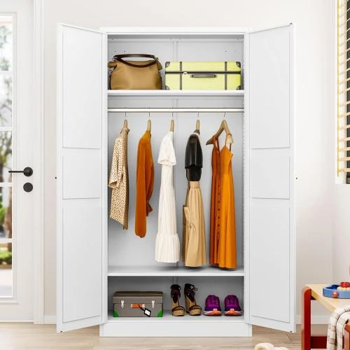 Détail de Armoire rangement métal Sisesol, tringle, étagères réglables