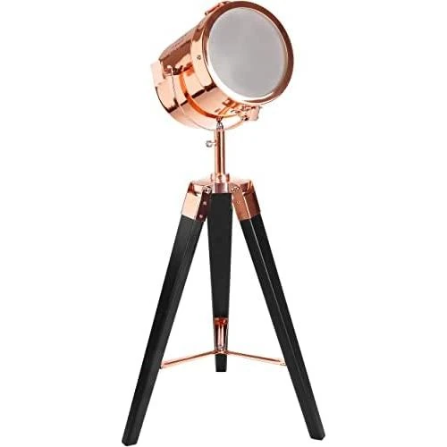 Lampadaire industriel BRUBAKER, trépied bois noir, spot métal cuivre - Vue principale