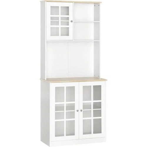 Buffet moderne bois MDF blanc, 2 vitrines, étagères réglables - Vue principale