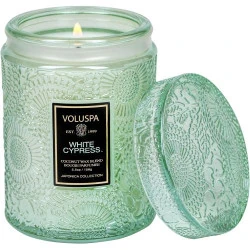 Bougie parfumée Voluspa White Cypress, couvercle inclus
