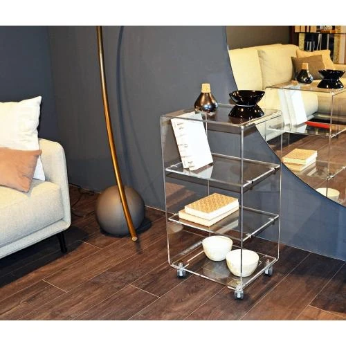 Table basse moderne, quatre étagères, roues, design acrylique - Vue principale