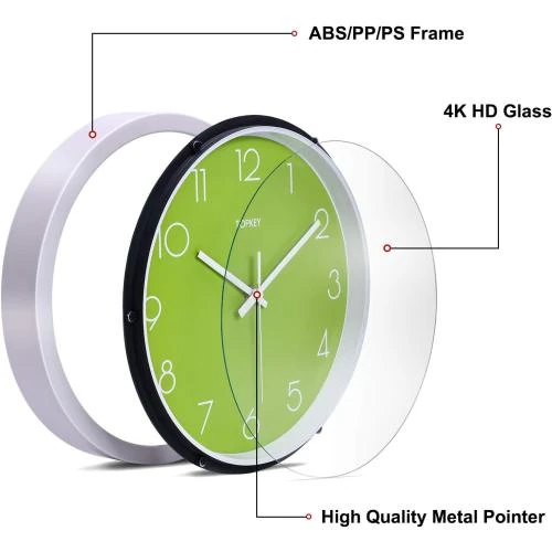 Zoom sur Horloge Murale Silencieuse Topkey, Décorative Moderne, Verte