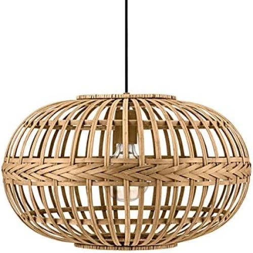 Suspension luminaire vintage boho acier bois naturel, lustre E27 salon table à manger - Vue principale