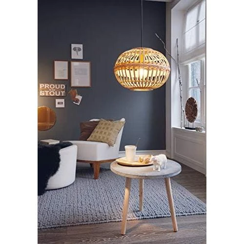 Zoom sur Suspension luminaire vintage boho acier bois naturel, lustre E27 salon table à manger