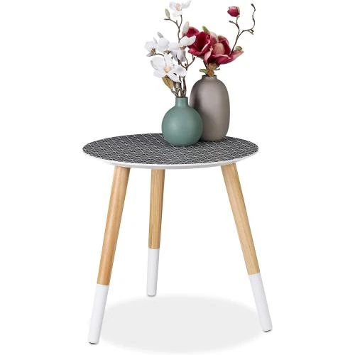 Table d'appoint ronde, motif décoratif, bois blanc, noir - Vue principale