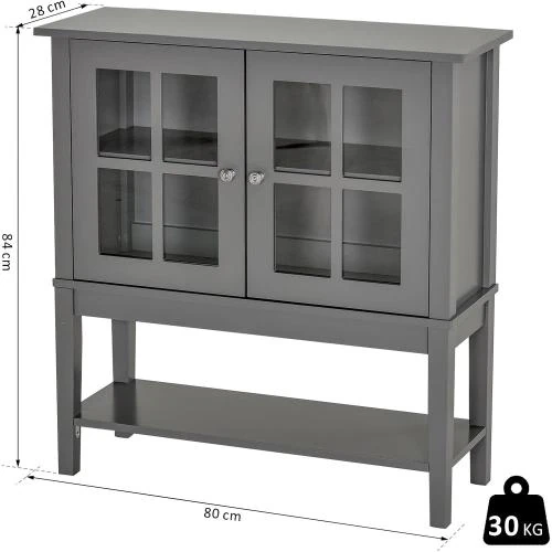 Zoom sur Buffet Cuisine Vaisselier Rangement Pieds 2 Portes Verre Bois Gris