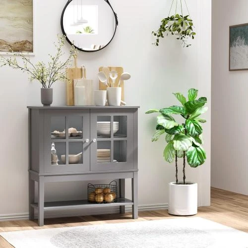 Détail de Buffet Cuisine Vaisselier Rangement Pieds 2 Portes Verre Bois Gris