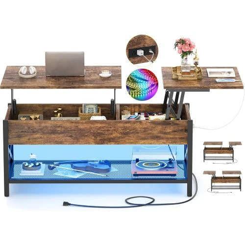 Table basse Besiost, rangement, lumière LED, bois, métal - Vue principale