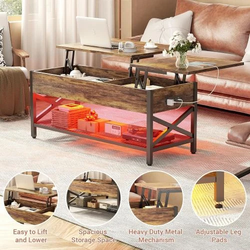 Zoom sur Table basse Besiost, rangement, lumière LED, bois, métal