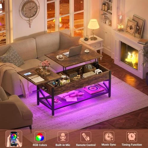 Détail de Table basse Besiost, rangement, lumière LED, bois, métal