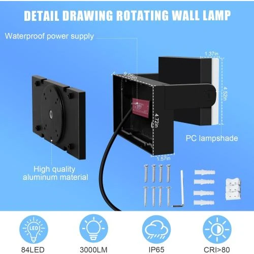 Détail de Applique Murale Extérieure 40W Noir, LED Rotatif 3000K