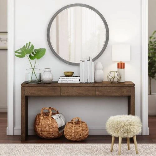 Détail de Miroir rond bois gris, décor mural rustique élégant
