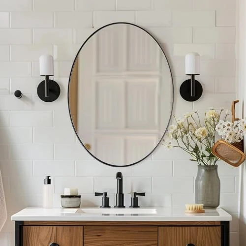 Miroir Ovale Noir, Acier Inoxydable, Salle de Bain, Murale - Vue principale