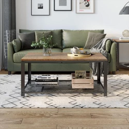 Détail de Table Basse Industrielle Meerveil, Étagère Maille, Métal Noir