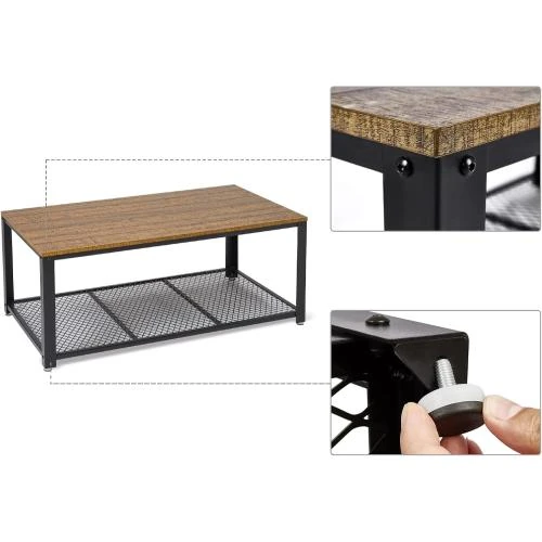 Zoom sur Table Basse Industrielle Meerveil, Étagère Maille, Métal Noir