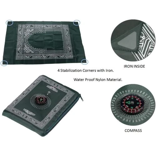 Zoom sur Tapis de prière portable Kellegour, boussole, vert, noir
