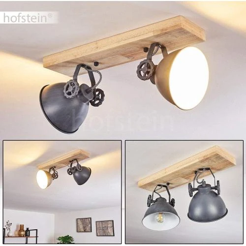 Détail de Plafonnier Svanfolk bois, métal gris, spots pivotants rétro