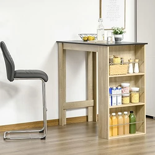 Détail de Table de Bar Cuisine, Mange Debout, 3 Étagères, Chêne Clair Noir