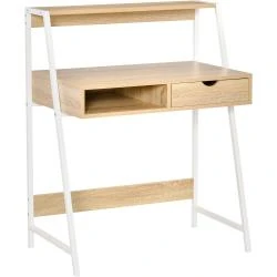 Bureau secrétaire informatique néo-rétro blanc chêne clair, tiroir, étagère