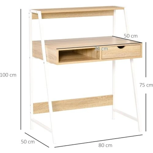 Détail de Bureau secrétaire informatique néo-rétro blanc chêne clair, tiroir, étagère