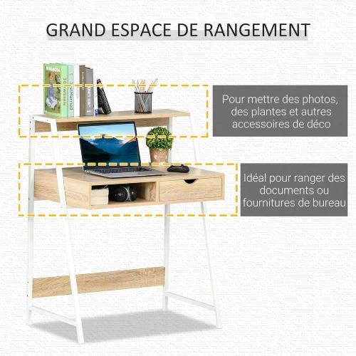 Zoom sur Bureau secrétaire informatique néo-rétro blanc chêne clair, tiroir, étagère