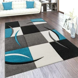 Tapis de Salon Design 3D Motif Carreaux Rayures Poils Ras