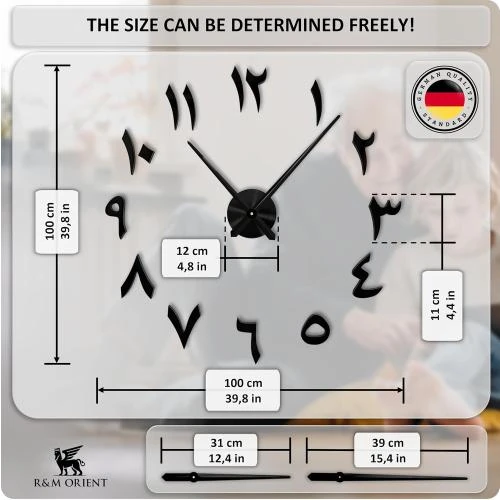 Zoom sur Horloge Murale Orientale 3D Arabe, Moderne, Noir