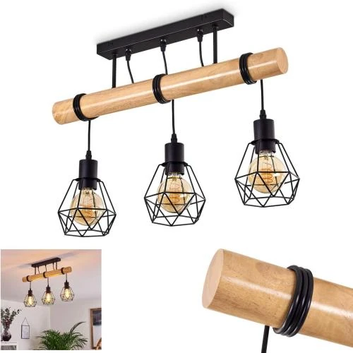 HOFSTEIN Suspension Yaak, bois, métal noir, 3 lampes rétro - Vue principale