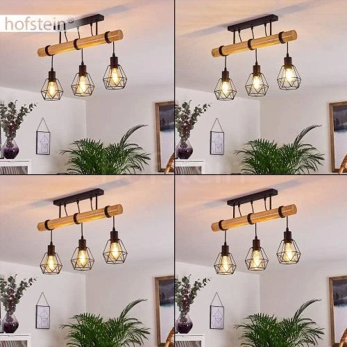 Zoom sur HOFSTEIN Suspension Yaak, bois, métal noir, 3 lampes rétro