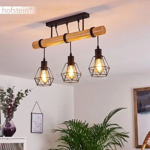 Détail de HOFSTEIN Suspension Yaak, bois, métal noir, 3 lampes rétro