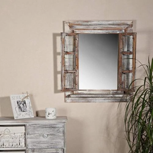 Zoom sur Miroir mural Melko, shabby chic, volets, étagère, cadre photo