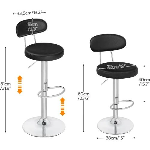 Détail de Tabourets de Bar HOOBRO, Lot de 2, Noir, Réglables