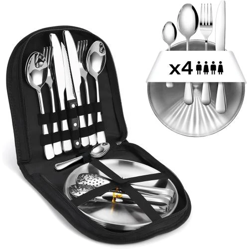 Ensemble couverts camping 23 pièces Wasavi, acier inoxydable - Vue principale