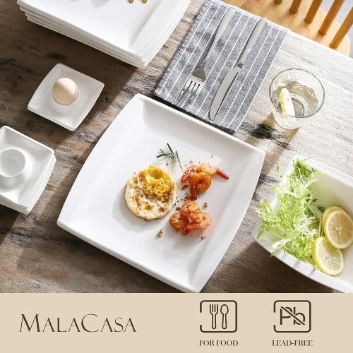 Zoom sur Malacasa Lot 12 Assiettes Plates Porcelaine Blanc Crème