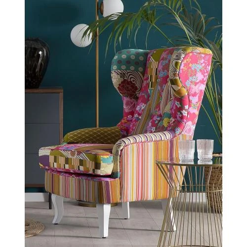 Détail de Fauteuil Bergère Patchwork Multicolore, Pieds Blancs Beliani