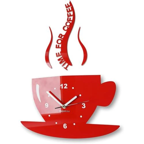 Horloge murale moderne rouge, tasse Time for Coffee 3D - Vue principale
